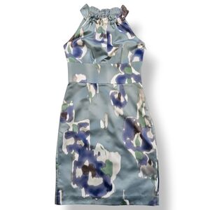 Ann Taylor Blue Green Watercolor Floral Halter Sleeveless Shift Dress sz 0 Satin